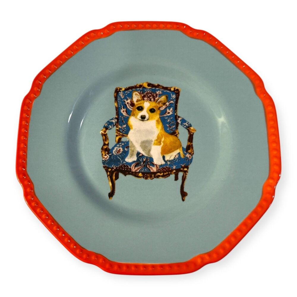 Anthropologie Raphael Balme Dessert Plate Corgi Dog Blue Orange Trim, 8.5”
